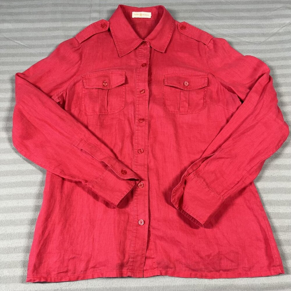 Tory Burch Shirt Womens Medium Button Up Linen Long Sleeve Pockets Epaulettes